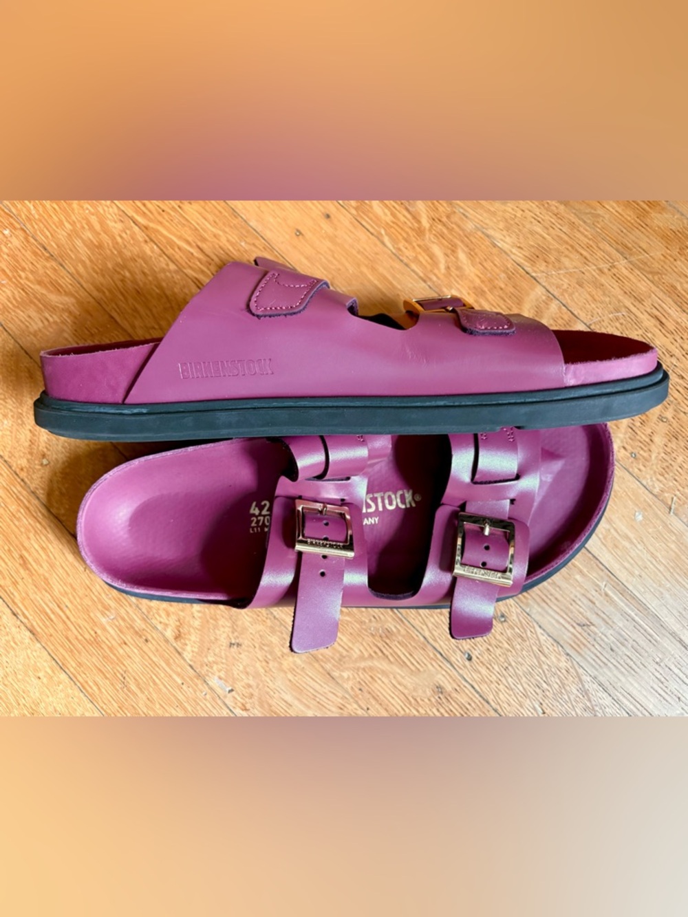 Birkenstock Arizona Dual-Buckle Sandals in Burgundy with Gold Buckles - Picture 3 of 4
